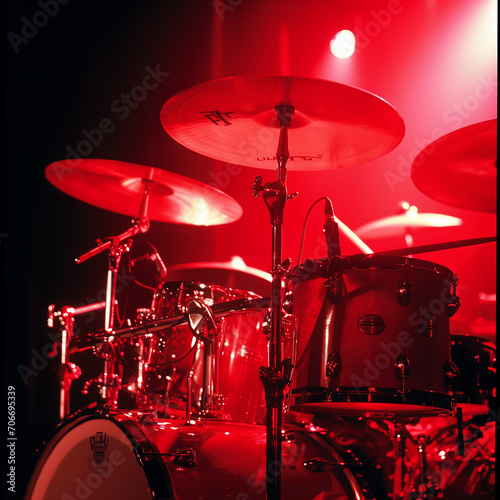 a close-up of a drum set bathed in red stage lighting, highlighting the reflective surfaces of the cymbals and drums