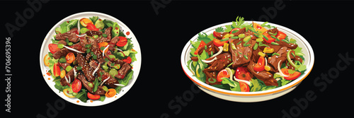 Set of Asian spicy beef salad, menu, vector illustration isolated on black background