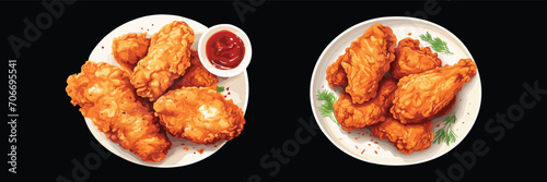 Set of crispy fried chicken on plate, top view, menu, vector illustration isolated on black background photo