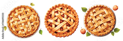 Set of different tasty apple pies, top view, menu, vector illustration isolated on white background