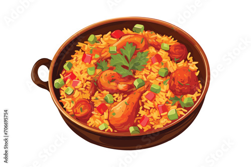 Jambalaya with chicken in pan, top view, menu, vector illustration isolated on white background
