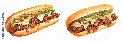 Philly Cheesesteak Sandwich Hot dog set, menu, vector illustration isolated on white background