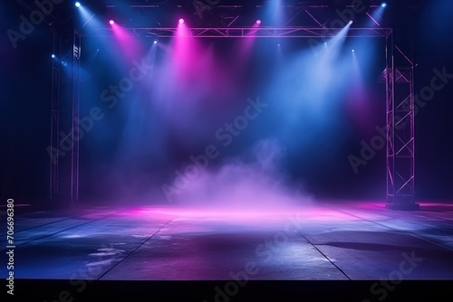 The dark stage shows  empty dark blue  purple  pink background  neon light  spotlights  The asphalt floor and studio room with smoke