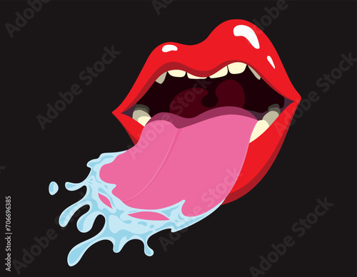 Pop art vector, womans mouth with tongue sticking out. Half open red lips licking with a saliva tongue