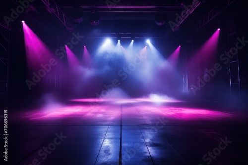 The dark stage shows, empty dark blue, purple, pink background, neon light, spotlights, The asphalt floor and studio room with smoke