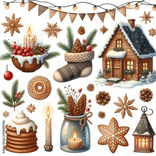 DesigWatercolor elements winter hygge clipart with cone cookies garlands houses and glovesn sem nome - 1