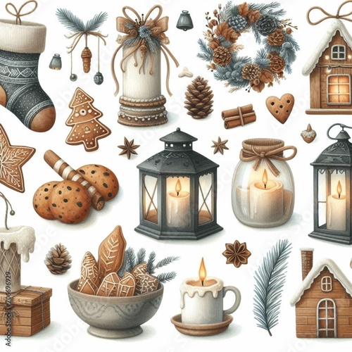 Design sem noWatercolor elements winter hygge clipart with cone cookies garlands houses and glovesme - 1