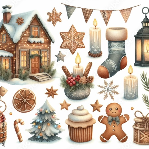 DesWatercolor elements winter hygge clipart with cone cookies garlands houses and glovesign sem nome - 1 photo