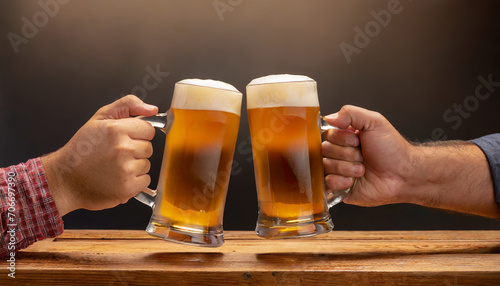 Two guys holding beer mugs and doing a toast