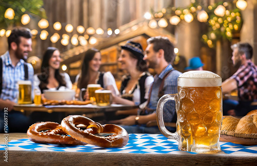 An Oktober fest scene with a beer mug on the table