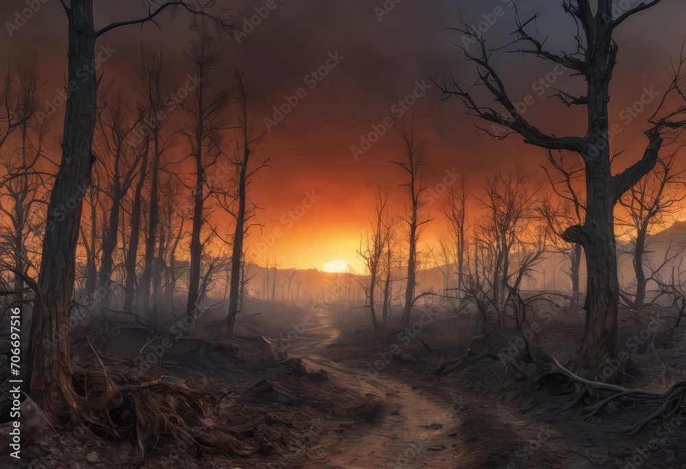 Scorched earth with dirt walking track, path through burnt landscape after bushfire, forest fire