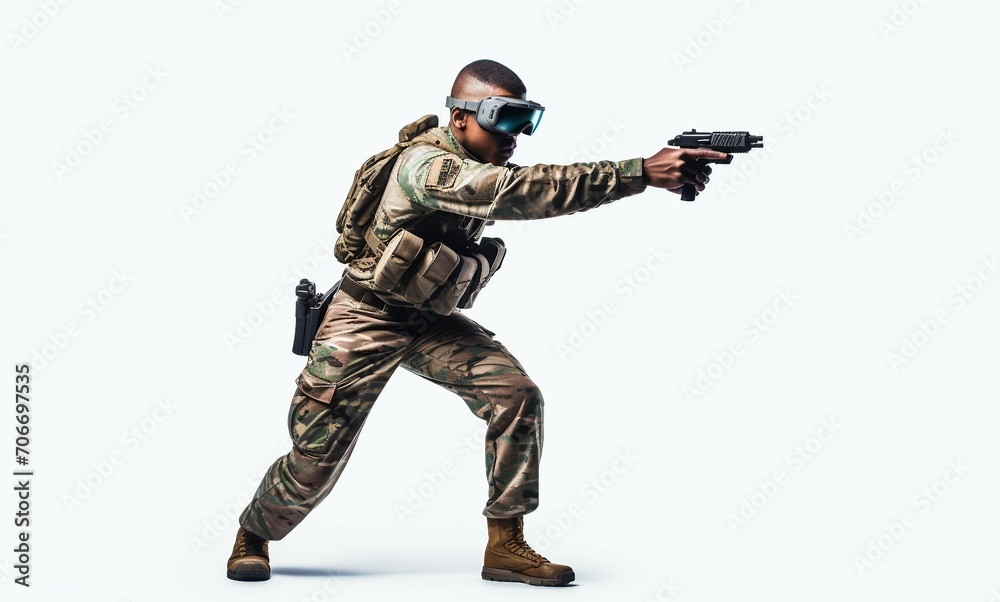 Soldier in virtual reality goggles, future technology Soldier in virtual reality goggles, future technology