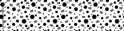 Geometric memphis rhombus and balls seamless pattern. Black and white simple lines design with repeats in 90s graphic style with chaotic vector textures.
