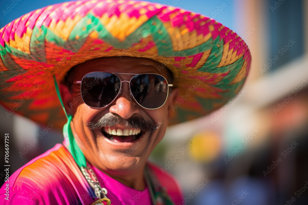 A joyful elderly Mexican man wears a colorful sombrero. The concept of festive spirit and cultural expression. A joyful elderly Mexican man wears a colorful sombrero. The concept of festive spirit and cultural expression.