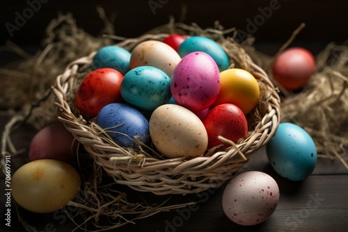 colorful easter eggs in basket. Generative AI
