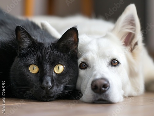 White dog and black cat together.