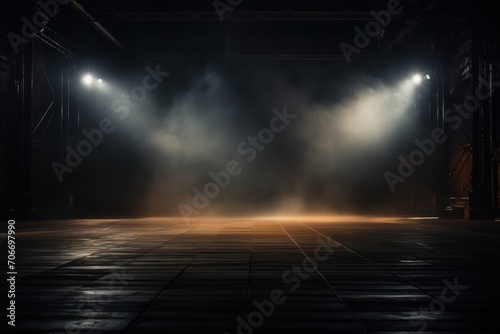 The dark stage shows, empty chartreuse, lime, olive background, neon light, spotlights, The asphalt floor and studio room with smoke © Lenhard