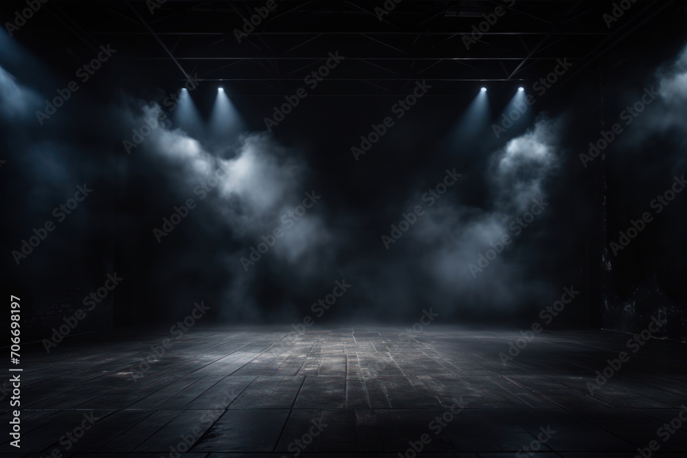 The dark stage shows, empty chartreuse, lime, olive background, neon light, spotlights, The asphalt floor and studio room with smoke