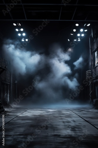 The dark stage shows  empty chartreuse  lime  olive background  neon light  spotlights  The asphalt floor and studio room with smoke