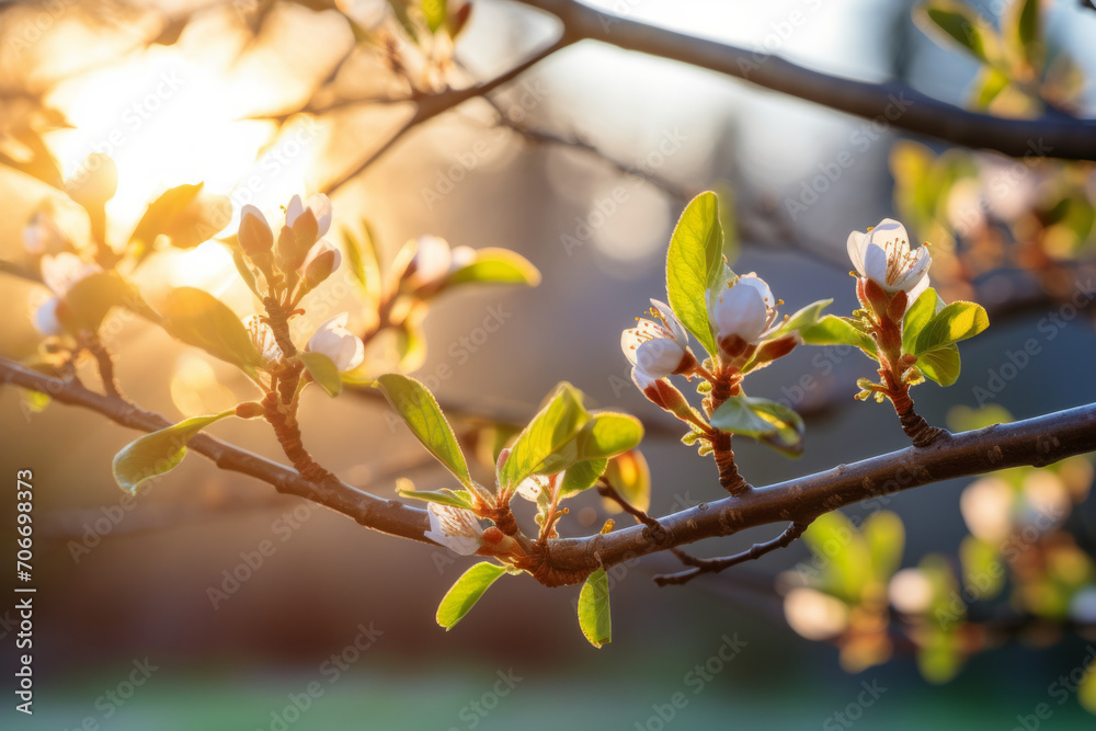 A tree branch in early spring with bursting buds in the early morning sunlight A tree branch in early spring with bursting buds in the early morning sunlight