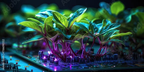 Small plant on a computer board. Green development concept theme. Generative AI