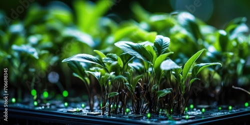 Small plant on a computer board. Green development concept theme