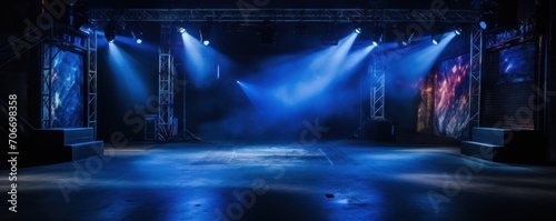 The dark stage shows, empty cobalt, sapphire, azure background, neon light, spotlights, The asphalt floor and studio room with smoke