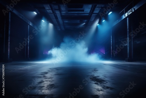The dark stage shows, empty cobalt, sapphire, azure The dark stage shows, empty cobalt, sapphire, azure background, neon light, spotlights, The asphalt floor and studio room with smoke