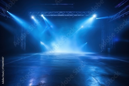 The dark stage shows, empty cobalt, sapphire, azure background, neon light, spotlights, The asphalt floor and studio room with smoke © Lenhard