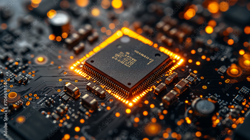 High-resolution, macro shot of a computer chip with intricate circuit details, illuminated in dark purple and yellow lighting High-resolution, macro shot of a computer chip with intricate circuit details, illuminated in dark purple and yellow lighting