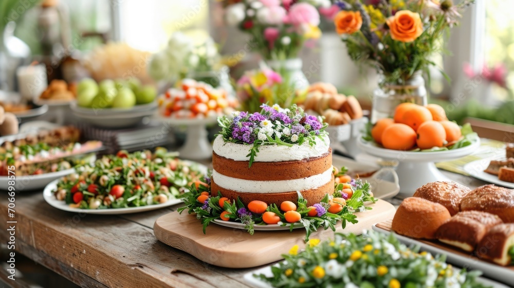 Eco-friendly Easter with a focus on health and wellness, featuring a table set with gluten-free Easter cakes, vegan treats, and a variety of fresh green salads, minimalist decor