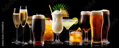 Set and collection of classic alcohol cocktails or mocktail isolated on black background with fresh summer fruits