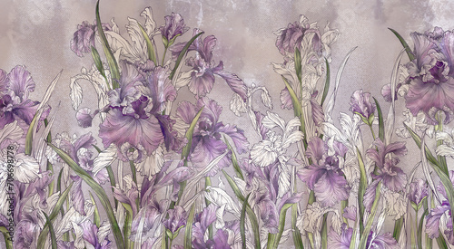 Pastel irises drawn with an outline in a watercolor style, textured canvas, photo wallpaper for room interiors. © Viktorious_Art