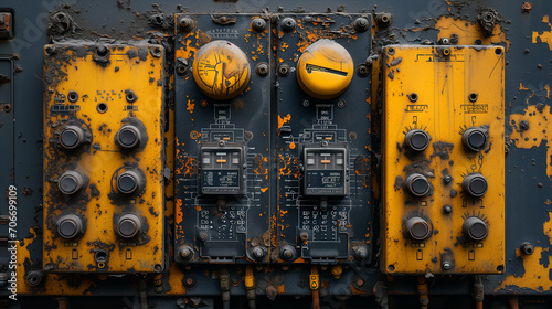 Close-up view of an old electrical panel  highlighting its aged surface  rusty switches  faded labels  set against a dimly lit background  evoking a sense of vintage technology