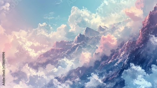 Cloudy mountains painted on white canvas gives a pleasant and peacful vibe photo