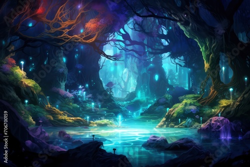 Enchanted Glowing Forest with Mystical Lake