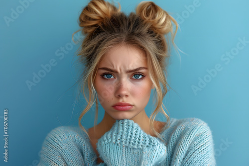 Photo of shocked impressed woman dressed sweater getting dislikes modern blue color background 