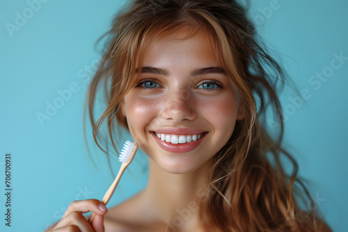 Young female dentist with toothbrush and tongue scraper on blue background