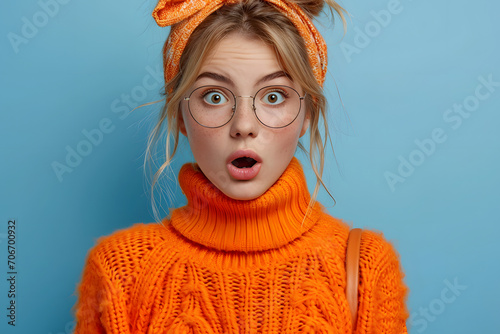 Photo of shocked impressed woman dressed orange sweater getting dislikes modern gadget isolated blue color background