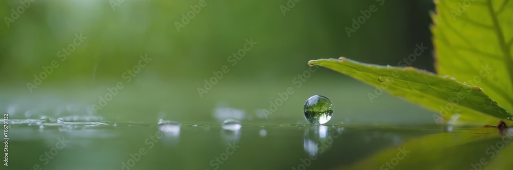 Large beautiful drops of transparent rain water on a green leaf macro. Drops of dew in the morning glow in the sun. Beautiful leaf texture in nature. Natural background Large beautiful drops of transparent rain water on a green leaf macro. Drops of dew in the morning glow in the sun. Beautiful leaf texture in nature. Natural background