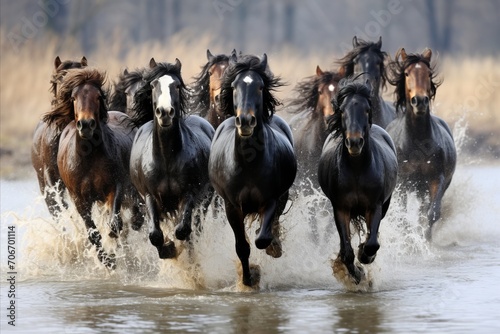 Captivating Sight. Stunning Herd of Horses Swiftly Galloping through the Scenic River Waters