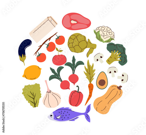 Set of healthy food in a circle. Flat style. Diet from a balanced and proper diet. Fish, healthy fats, meat, vegetables, fruits, tomatoes, carrots, garlic, avocado, pumpkin, lemon, lettuce