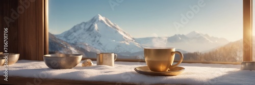 Coffee cup on wood table and view of beautiful nature background. photo