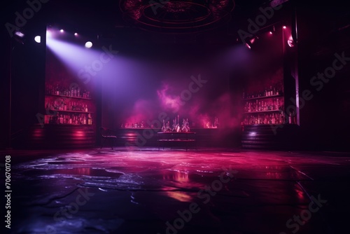 The dark stage shows, empty wine, burgundy, maroon background, neon light, spotlights, The asphalt floor and studio room with smoked94d3014-35db-4de5-930c-f100ab6d3bb4 © Lenhard