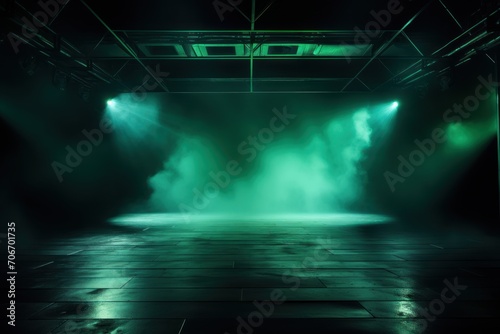 The dark stage shows  empty emerald  teal  lime background  neon light  spotlights  The asphalt floor and studio room with smoke