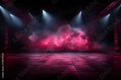 The dark stage shows, empty garnet, crimson, ruby The dark stage shows, empty garnet, crimson, ruby background, neon light, spotlights, The asphalt floor and studio room with smoke