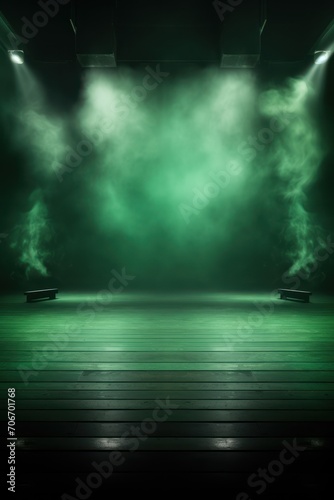 The dark stage shows  empty emerald  teal  lime background  neon light  spotlights  The asphalt floor and studio room with smoke