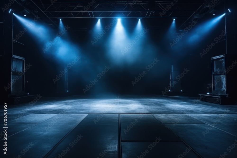 The dark stage shows, empty indigo, navy, midnight blue background, neon light, spotlights, The asphalt floor and studio room with smoke 