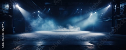 The dark stage shows  empty indigo  navy  midnight blue background  neon light  spotlights  The asphalt floor and studio room with smoke 