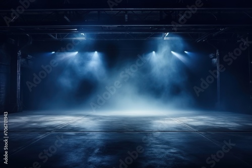 The dark stage shows, empty indigo, navy, midnight blue background, neon light, spotlights, The asphalt floor and studio room with smoke  © Lenhard